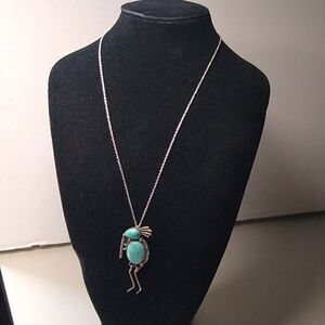 G B Silver/Turquoise Flute playing Kokopelli Brooch/Pendant 925 chain